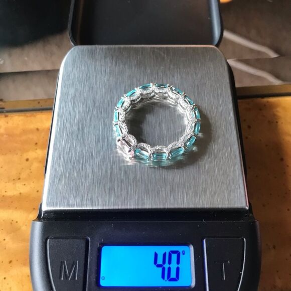 Natural Morganite Blue Apatite Sterling Silver Eternity Ring Size 10 - Picture 10 of 10